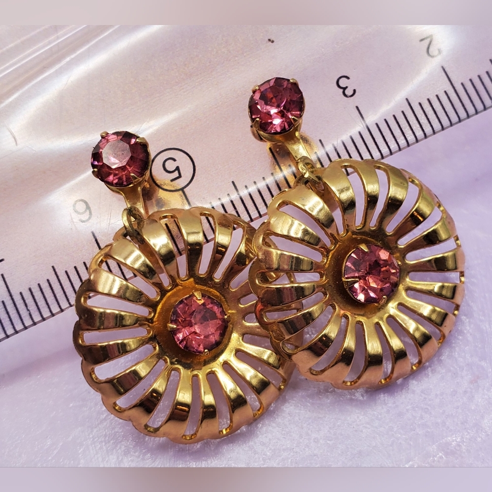 Vintage Earrings Pink Rhinestone Drop Screwback P & F